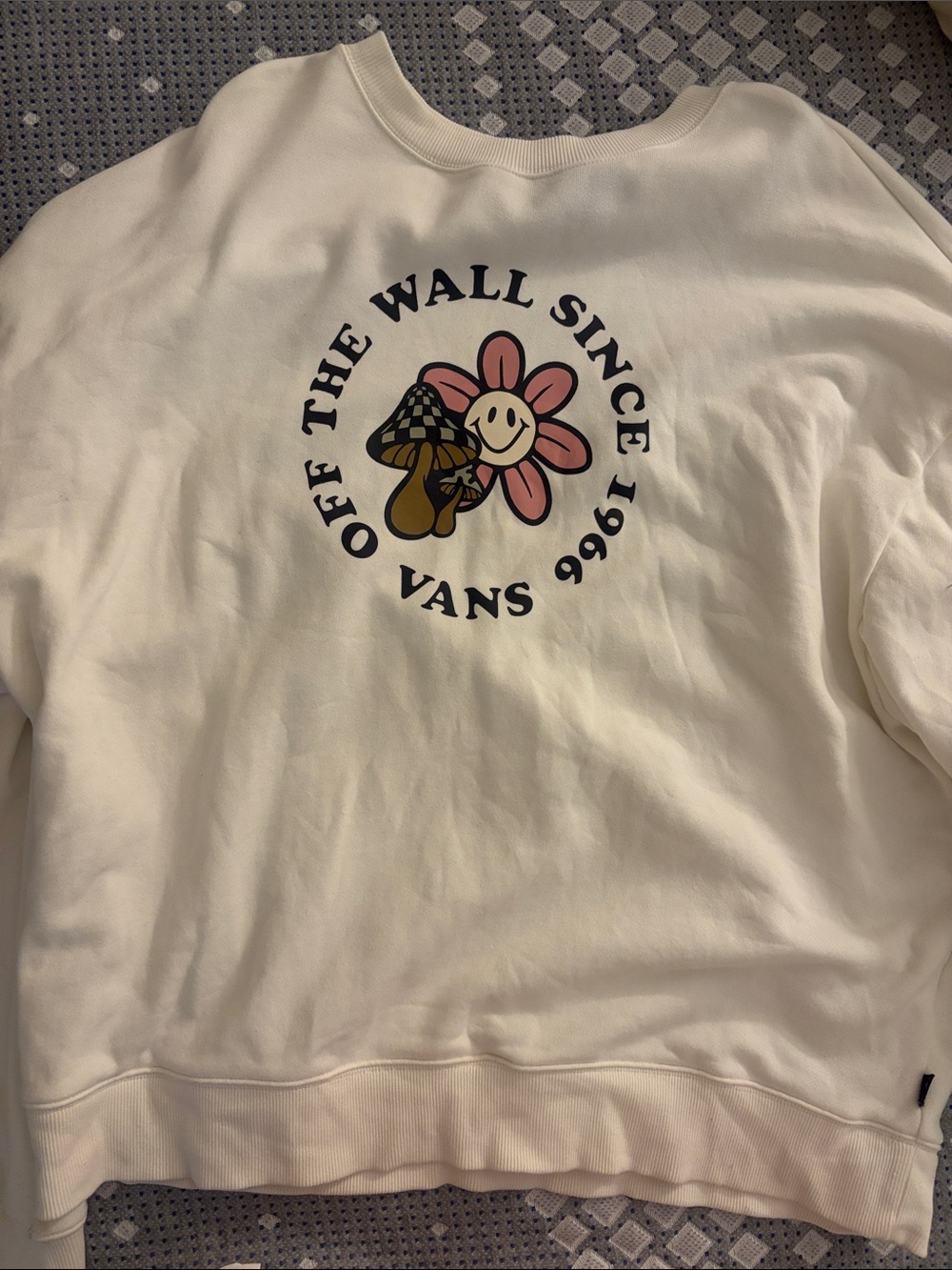 Vans Cream Sweatshirt with Pink Flower and Brown Mushroom Graphic